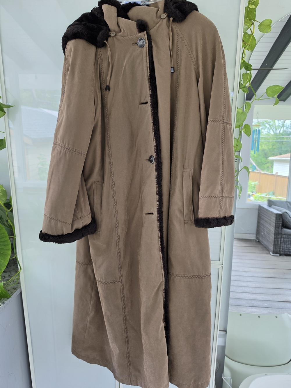 Woman Vintage Utex Design Puffer Coat Brown Beige Size M Faux Fur Maxi Hood